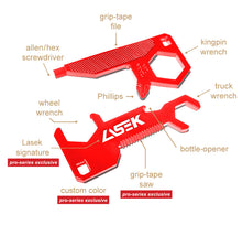 Load image into Gallery viewer, The keychain skate tool for Bucky Lasek features his LASEK logo and custom red colored tools