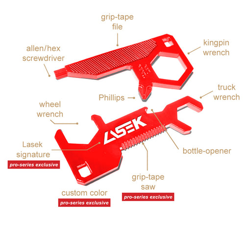 The keychain skate tool for Bucky Lasek features his LASEK logo and custom red colored tools