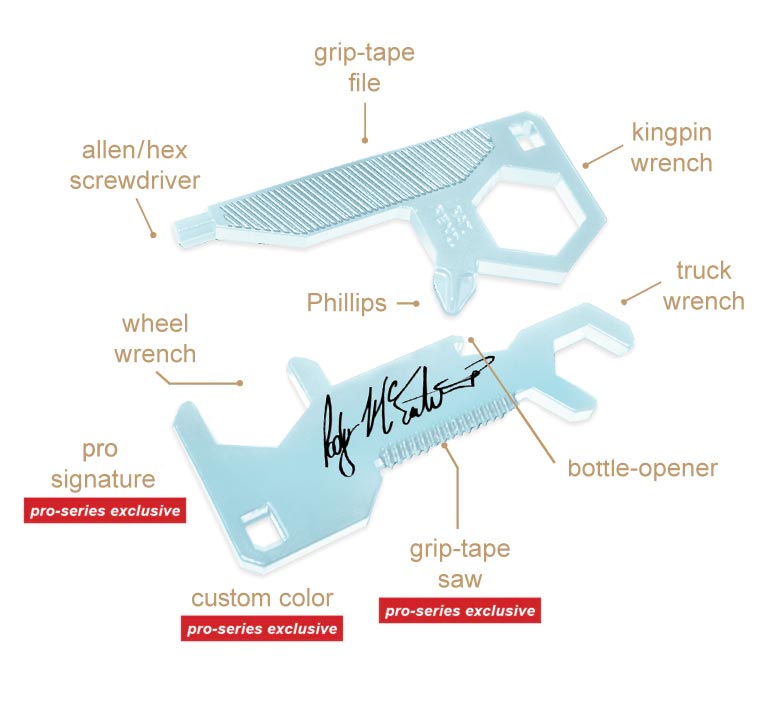 8 Skate Tools including a grip-file, grip-saw, kingpin wrench, wheel wrench, truck wrench, phillips, hex and bottle-opener