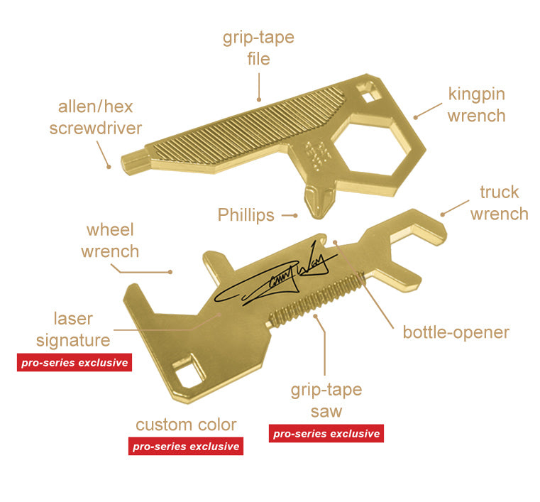 The Danny Way TITAN Skateboard Tool has an exclusive 8th tool (grip-tape saw), a laser autograph and custom gold nano plated finish.